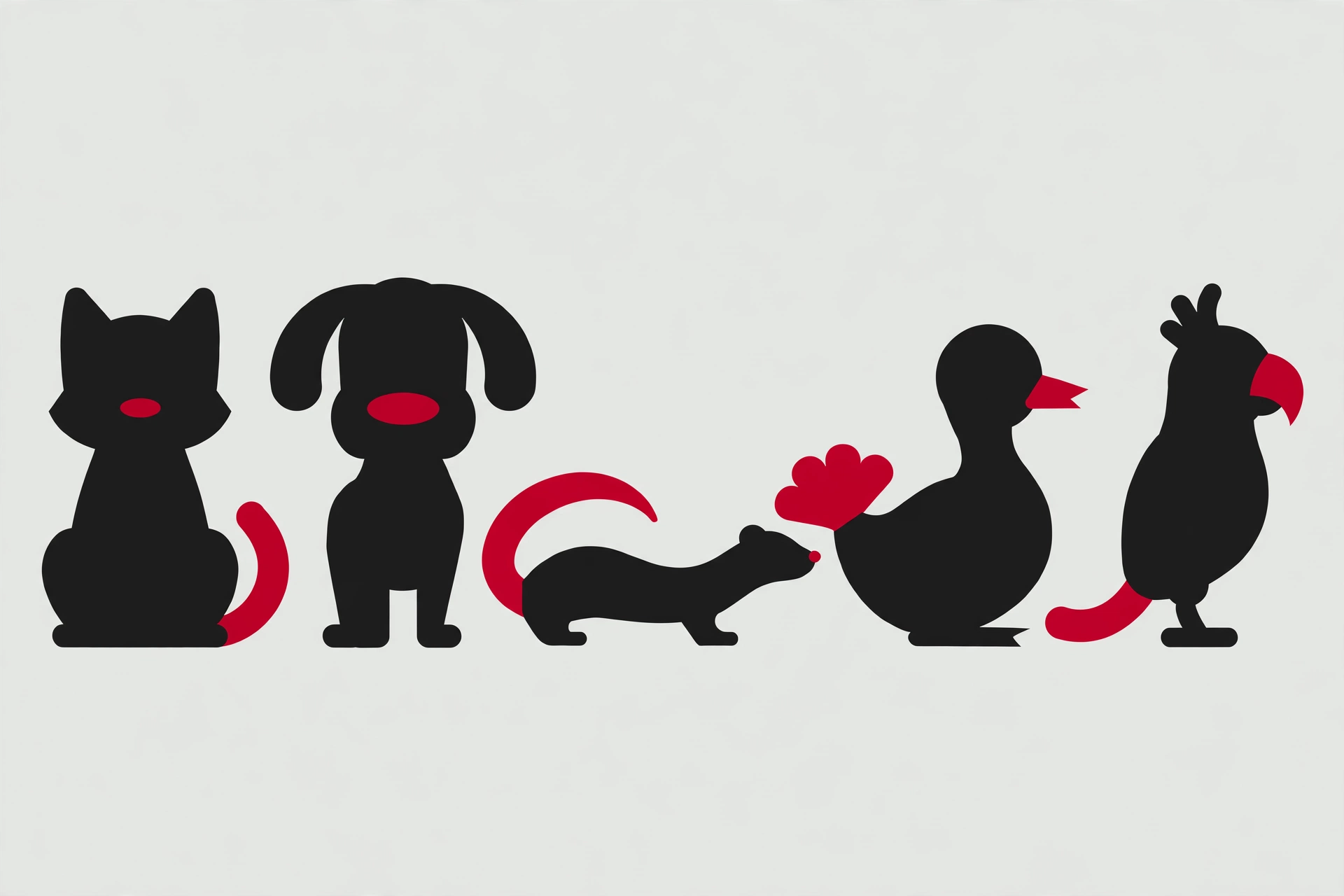 The Katnip family — cat, dog, ferret, duck, and parrot, every one with a red nose and a red tail
